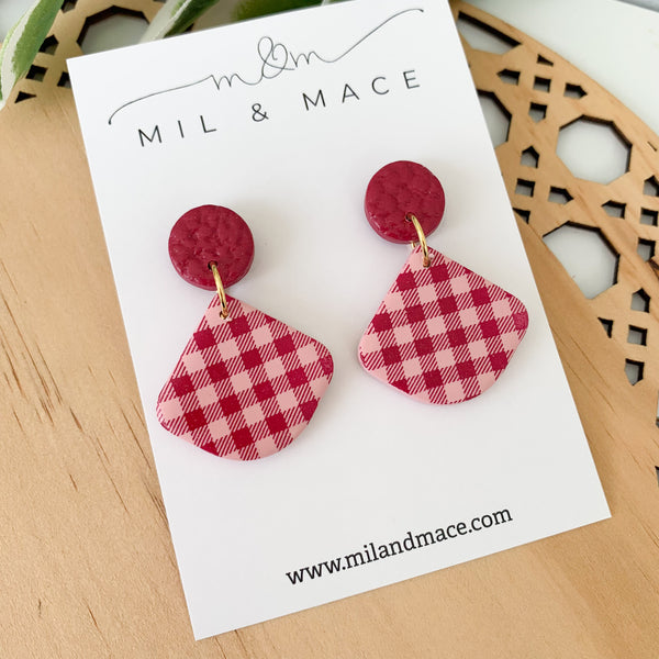 Burgundy and Pink Polkadot and Gingham Polymer Clay Dangle Earrings