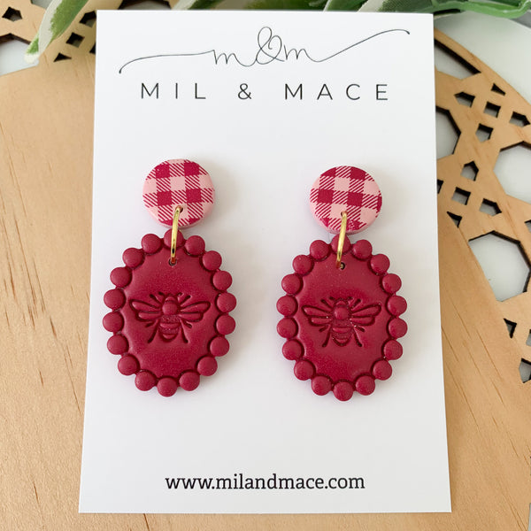 Burgundy and Pink Polkadot and Gingham Polymer Clay Dangle Earrings