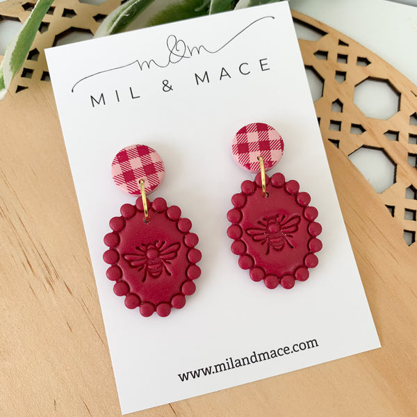 Burgundy and Pink Polkadot and Gingham Polymer Clay Dangle Earrings