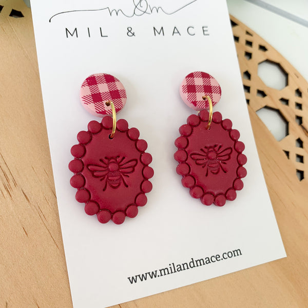 Burgundy and Pink Polkadot and Gingham Polymer Clay Dangle Earrings