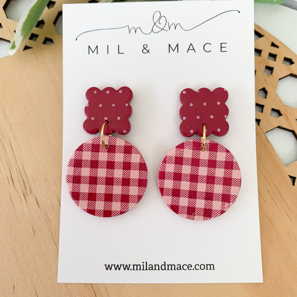 Burgundy and Pink Polkadot and Gingham Polymer Clay Dangle Earrings