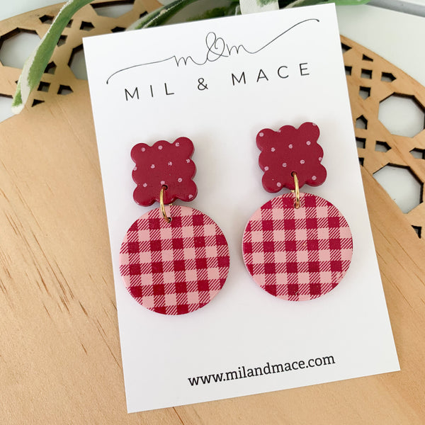 Burgundy and Pink Polkadot and Gingham Polymer Clay Dangle Earrings