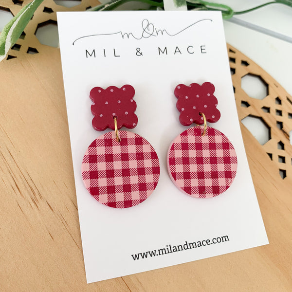 Burgundy and Pink Polkadot and Gingham Polymer Clay Dangle Earrings