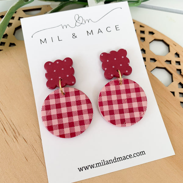 Burgundy and Pink Polkadot and Gingham Polymer Clay Dangle Earrings