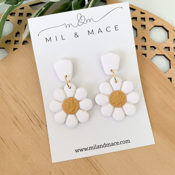 White Daisies Polymer Clay Dangle Earrings