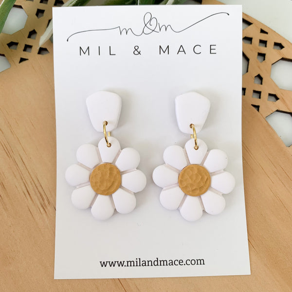 White Daisies Polymer Clay Dangle Earrings