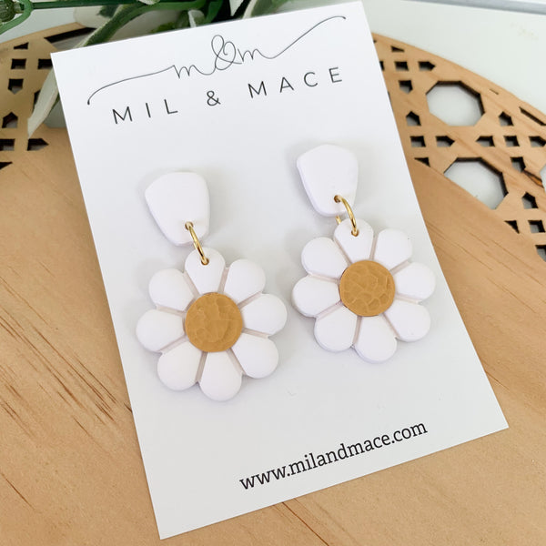 White Daisies Polymer Clay Dangle Earrings