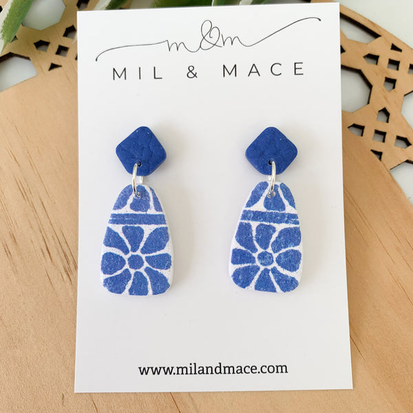Electric Blue and White Polymer Clay Dangle Earrings