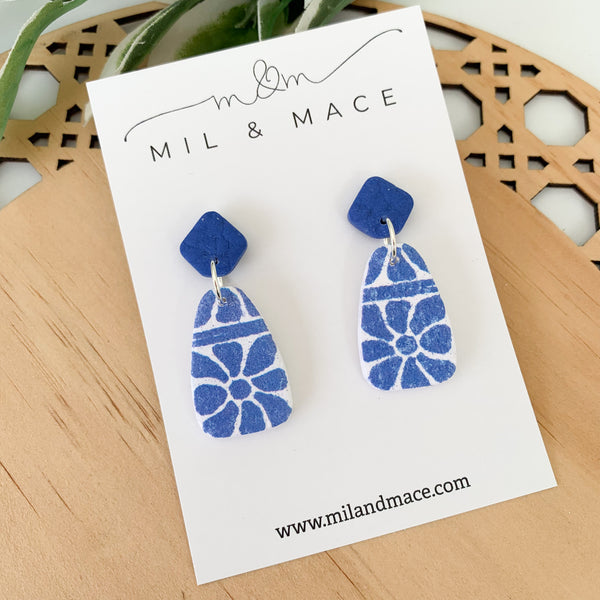 Electric Blue and White Polymer Clay Dangle Earrings