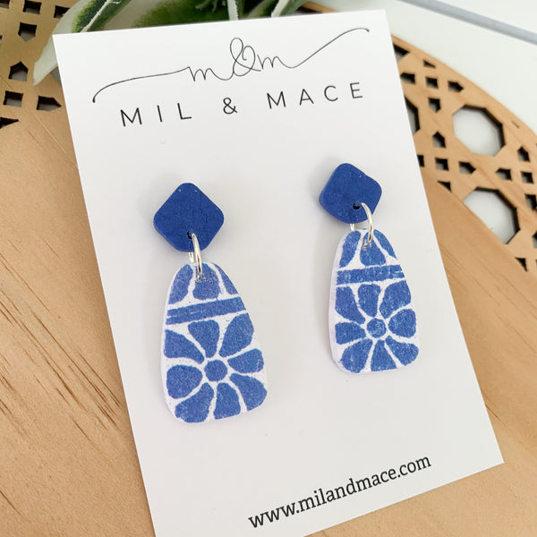 Electric Blue and White Polymer Clay Dangle Earrings