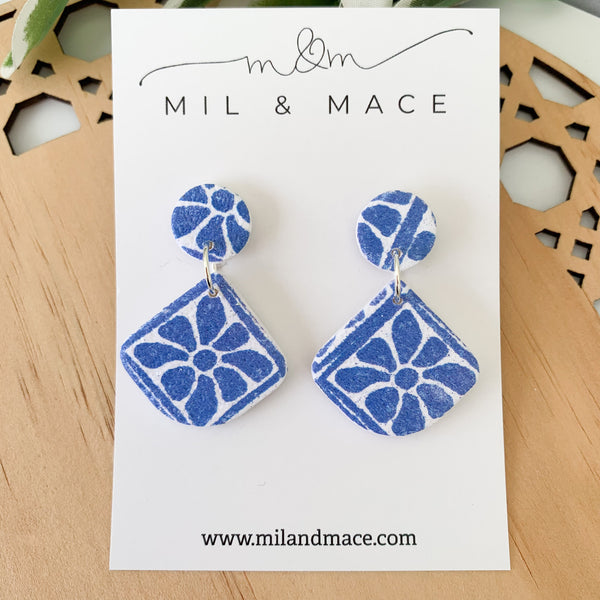 Electric Blue and White Polymer Clay Dangle Earrings