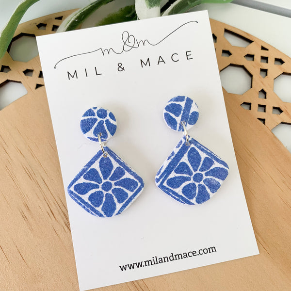 Electric Blue and White Polymer Clay Dangle Earrings