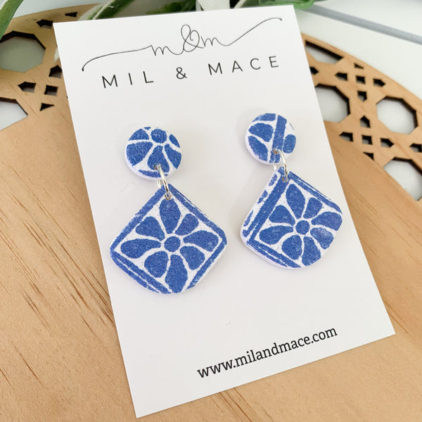 Electric Blue and White Polymer Clay Dangle Earrings