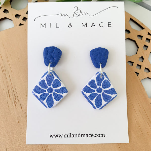 Electric Blue and White Polymer Clay Dangle Earrings