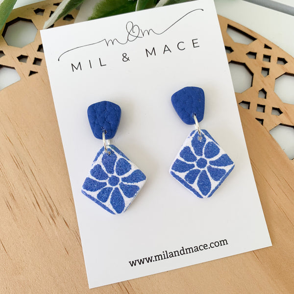 Electric Blue and White Polymer Clay Dangle Earrings