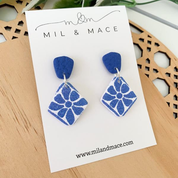 Electric Blue and White Polymer Clay Dangle Earrings