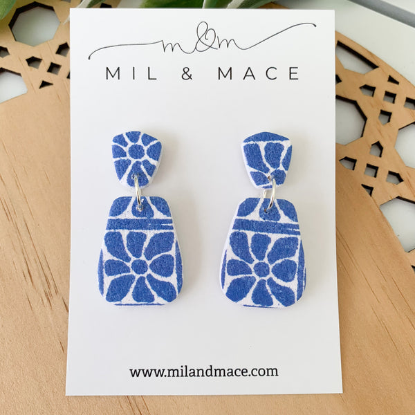 Electric Blue and White Polymer Clay Dangle Earrings