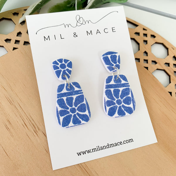 Electric Blue and White Polymer Clay Dangle Earrings