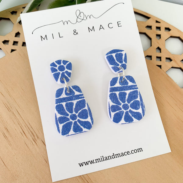 Electric Blue and White Polymer Clay Dangle Earrings