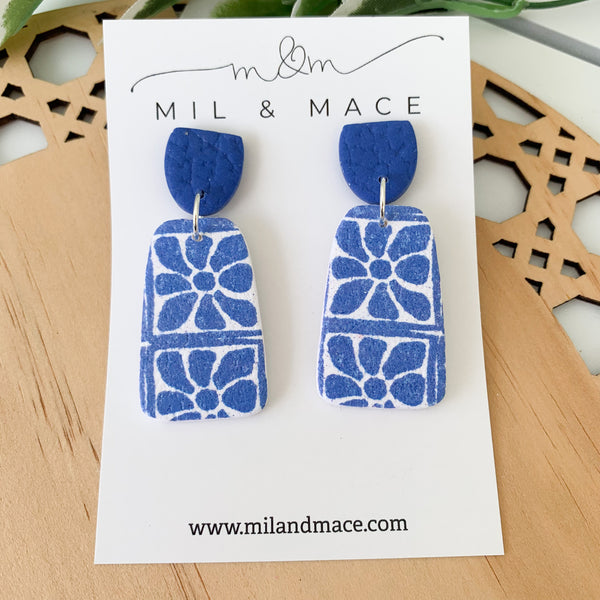 Electric Blue and White Polymer Clay Dangle Earrings