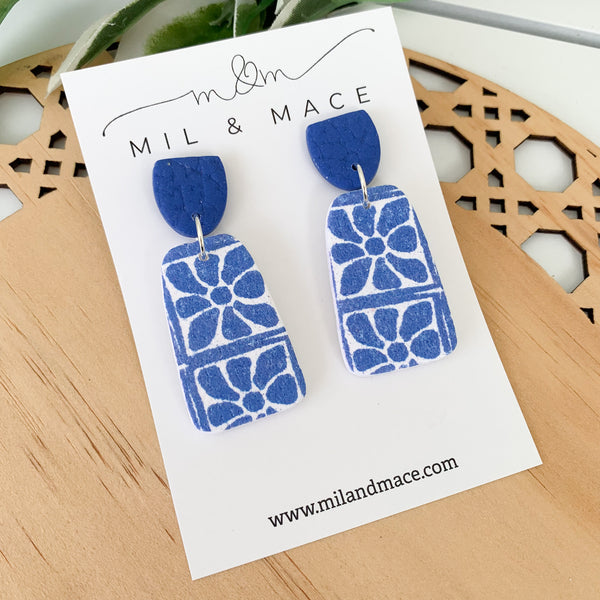 Electric Blue and White Polymer Clay Dangle Earrings