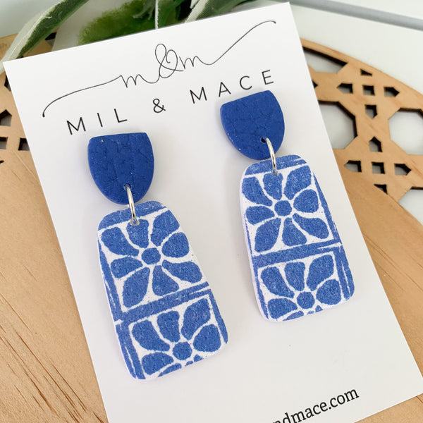 Electric Blue and White Polymer Clay Dangle Earrings