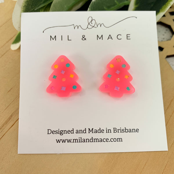 Christmas Trees Mini Neon pink 20mm Acrylic Stud Earrings
