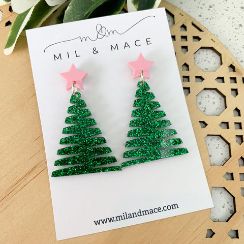 Zig Zag Green Christmas Tree Acrylic Dangle Earrings