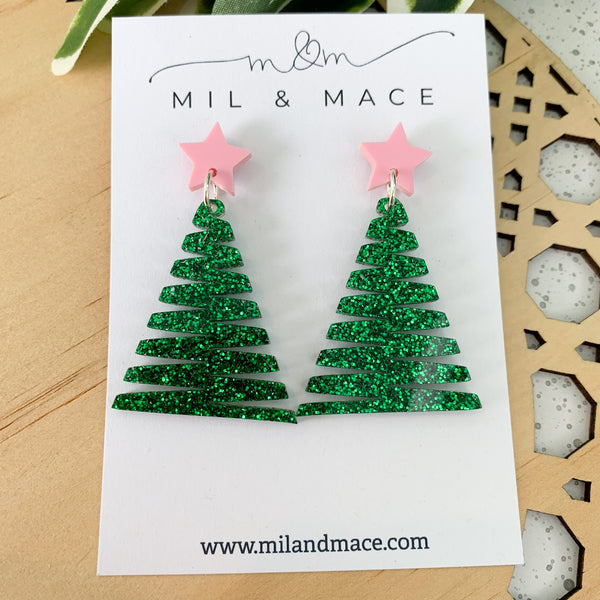 Zig Zag Green Christmas Tree Acrylic Dangle Earrings