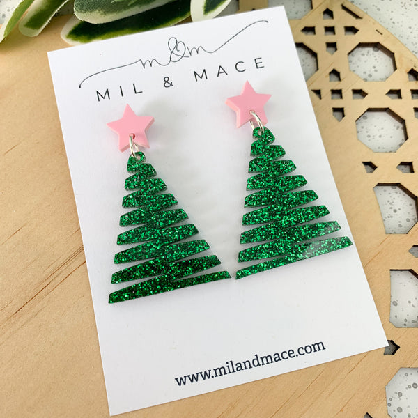 Zig Zag Green Christmas Tree Acrylic Dangle Earrings