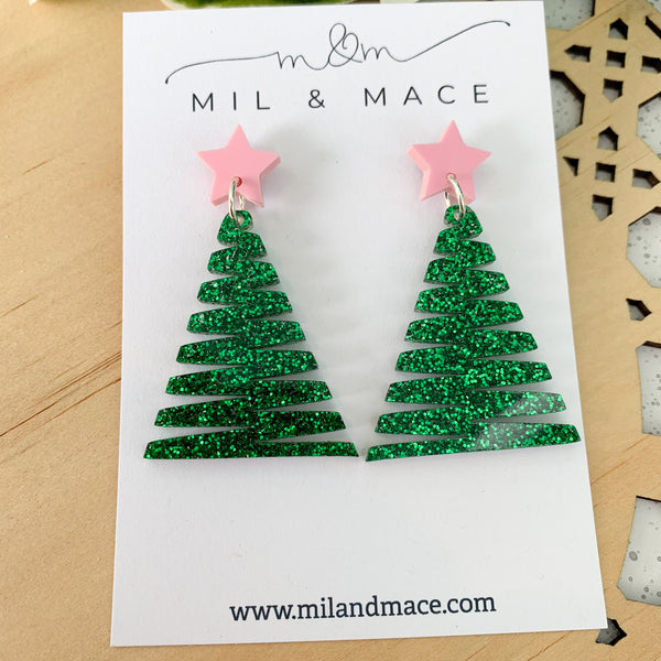 Zig Zag Green Christmas Tree Acrylic Dangle Earrings