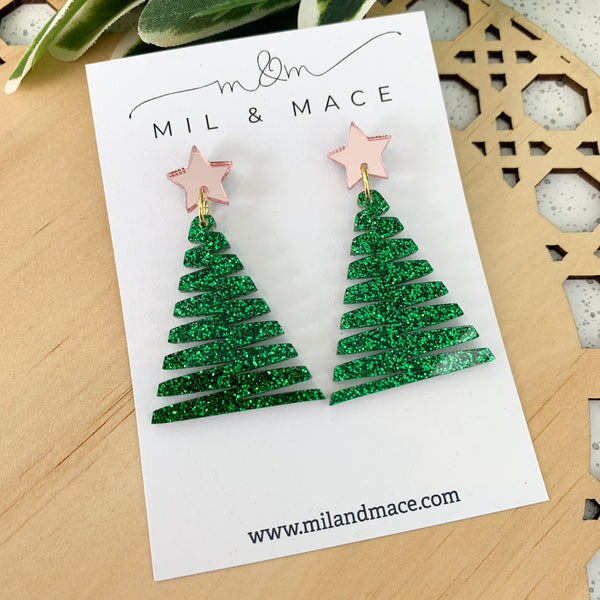 Zig Zag Green Christmas Tree Acrylic Dangle Earrings