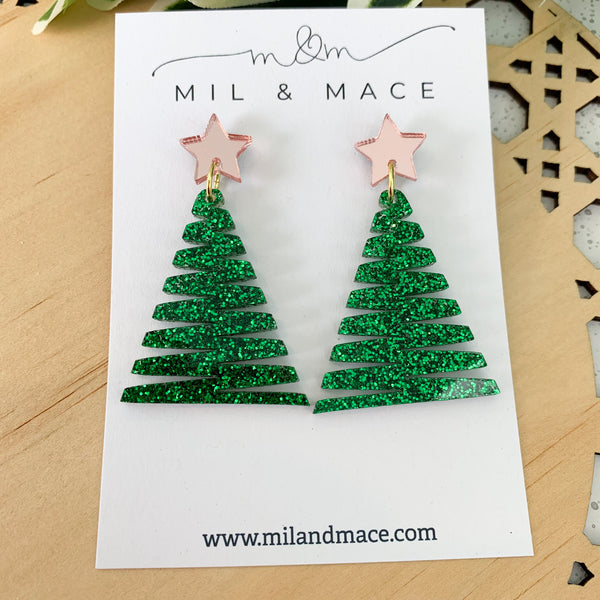 Zig Zag Green Christmas Tree Acrylic Dangle Earrings