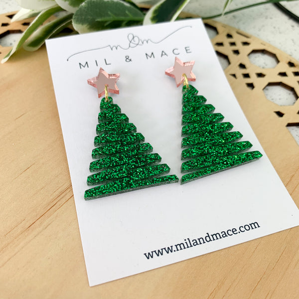 Zig Zag Green Christmas Tree Acrylic Dangle Earrings