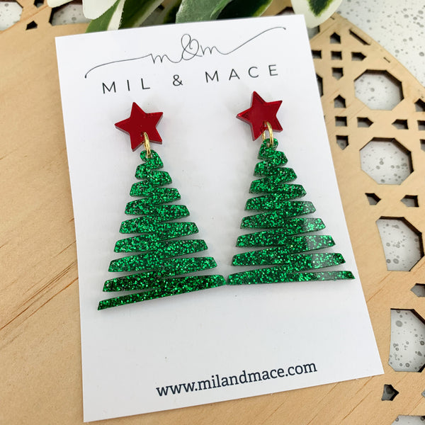 Zig Zag Green Christmas Tree Acrylic Dangle Earrings