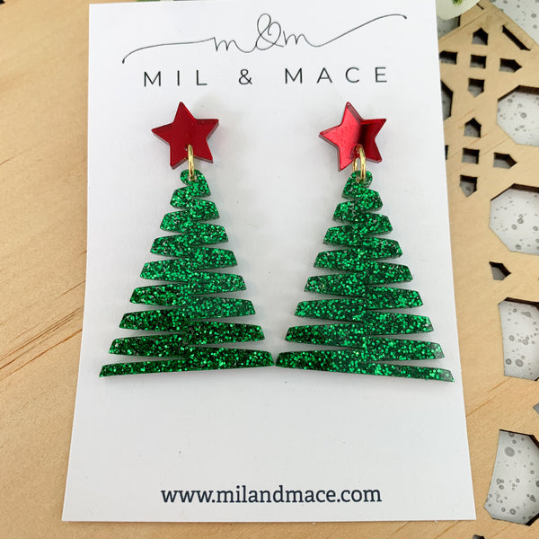 Zig Zag Green Christmas Tree Acrylic Dangle Earrings