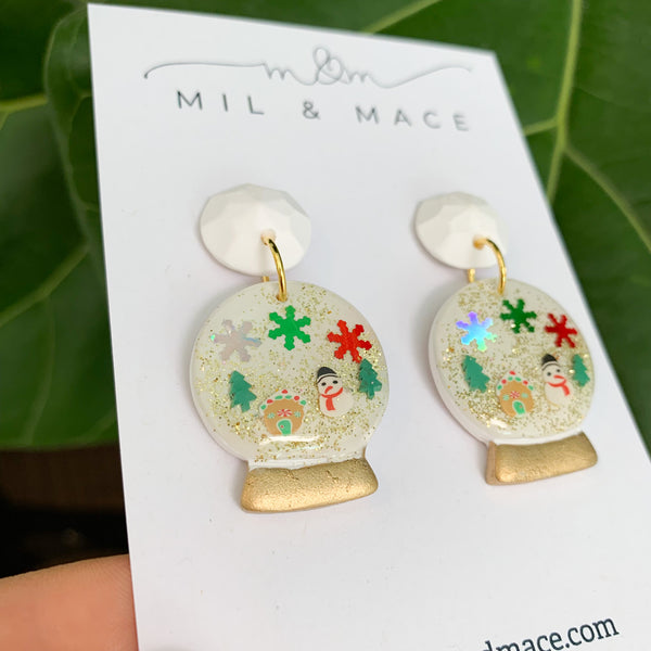 Snow Globe White Polymer Clay Dangle Earrings