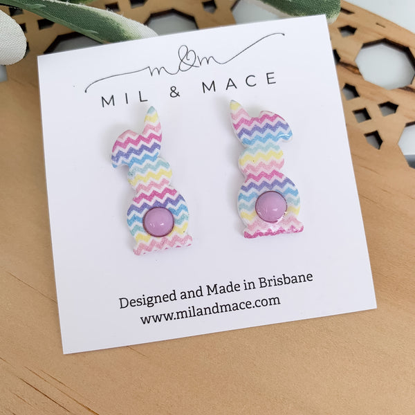 Easter Chevron Cotton Tail Purple Polymer Clay Bunny Stud Earrings