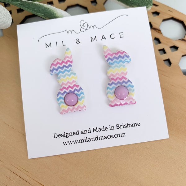 Easter Chevron Cotton Tail Purple Polymer Clay Bunny Stud Earrings
