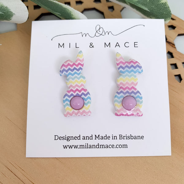 Easter Chevron Cotton Tail Purple Polymer Clay Bunny Stud Earrings