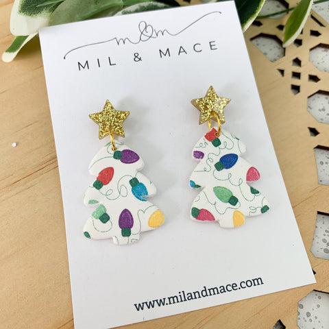 Lights Christmas Print Tree Polymer Clay Dangle Earrings