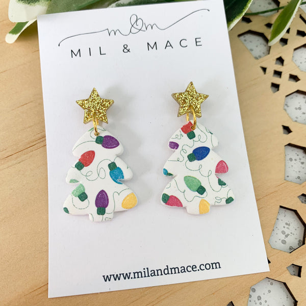 Lights Christmas Print Tree Polymer Clay Dangle Earrings