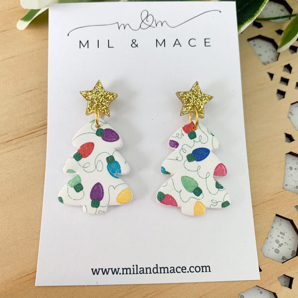 Lights Christmas Print Tree Polymer Clay Dangle Earrings
