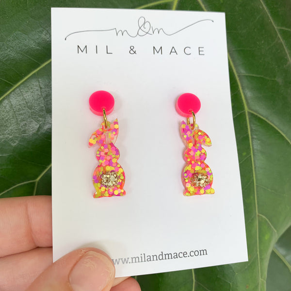 Easter Cotton Tail Neon Small Resin Bunny Dangle Earrings