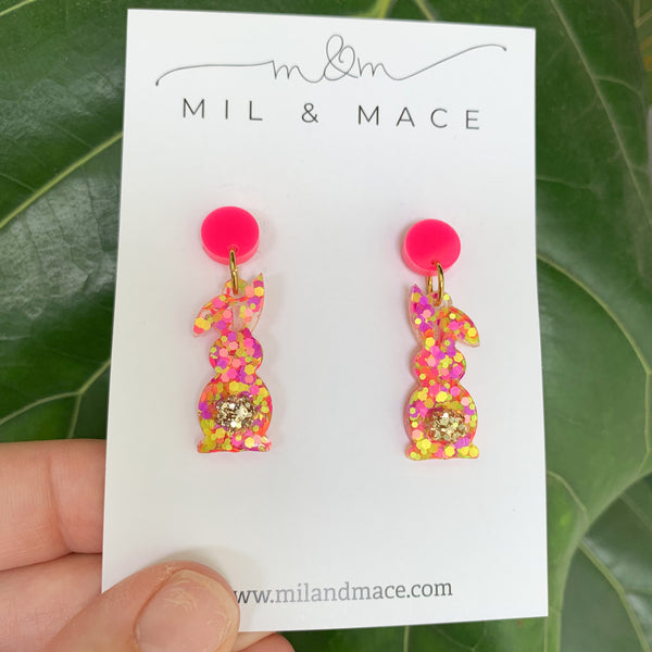Easter Cotton Tail Neon Small Resin Bunny Dangle Earrings