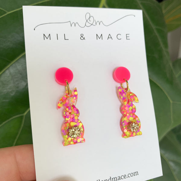 Easter Cotton Tail Neon Small Resin Bunny Dangle Earrings