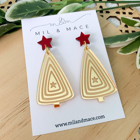 Gold Mirrored Christmas Tree Acrylic Dangle Earrings
