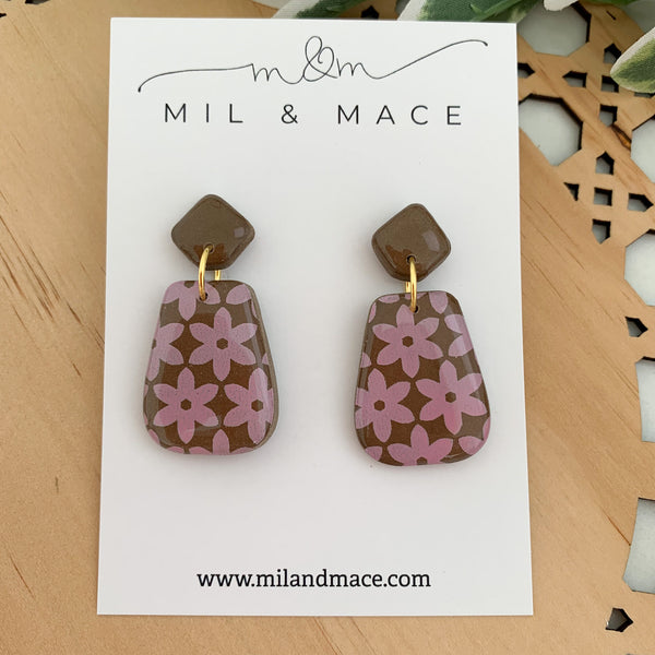 Chocolate Brown and Pink Polymer Clay Dangle Earrings with Resin Finish