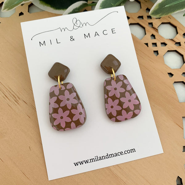 Chocolate Brown and Pink Polymer Clay Dangle Earrings with Resin Finish