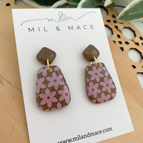 Chocolate Brown and Pink Polymer Clay Dangle Earrings with Resin Finish